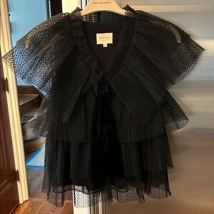 Sezane Black Layered Tulle Sheer Blouse with velvet tie